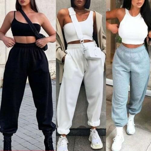 Women Elastic High Waist Jogger Pants Solid Color Baggy Loose Lounge Sweatpants MXMA