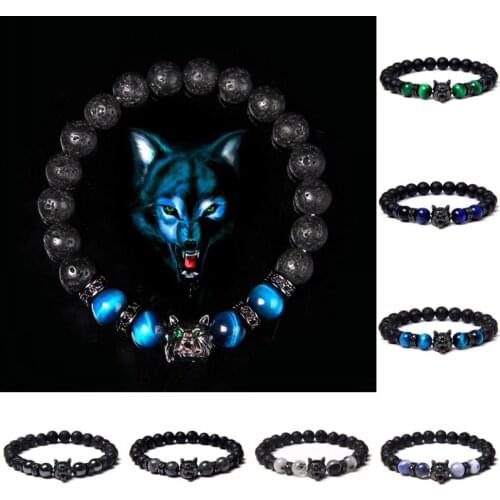 Wolf Charm Bracelets Men Natural Black Lava Stone Bracelets Brave Tiger Eye Bracelets Women Elastic Jewelry 8 mm Beads Pulsera
