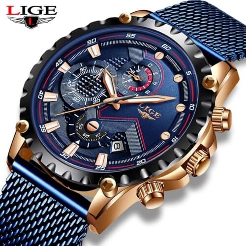 2020 New LIGE Blue Casual Mesh Belt Fashion Quartz Gold Watch Mens Watches Top Brand Luxury Waterproof Clock Relogio Masculino