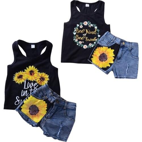 Children Clothes New Summer Girl Baby Clothing Set Printed Vest Top + Printed Denim Shorts 2-Piece Set Casual Backless Girl Suit