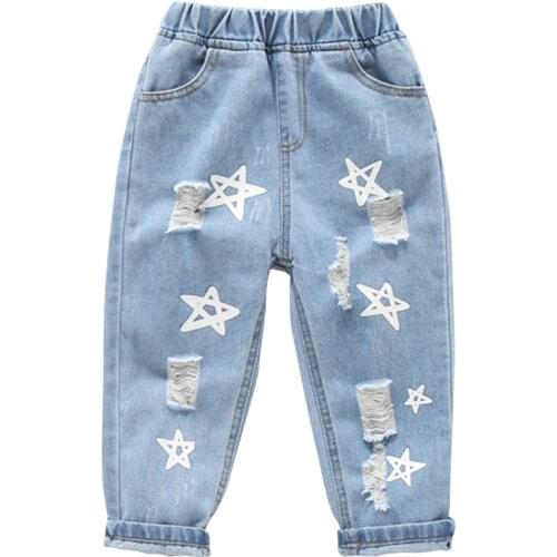Girls jeans girls jeans pants spring and autumn ripped jeans childrens casual style girls clothes