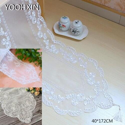 Elegant white sequin Mesh Embroidery bed Table Runner flag cloth cover Lace tea kitchen tablecloth Christmas party Wedding decor