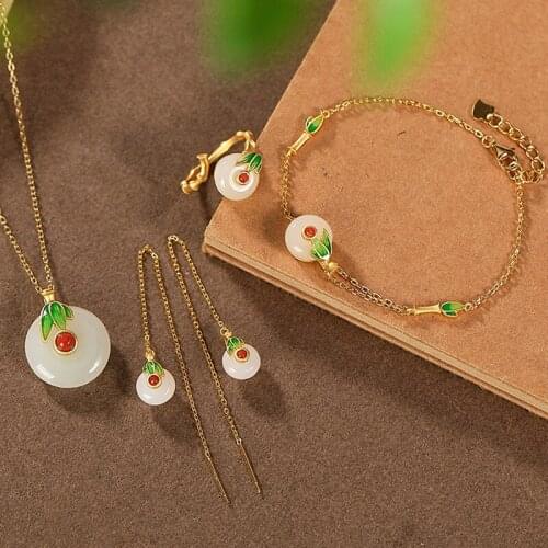 Bamboo Leaf 925 Sterling Silver Rings for Women Retro Simplicity 925 Silver Safety Buckle Pendants Ring Earrings Bracelet Suit