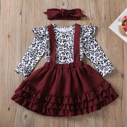 3Pcs Newborn Kids Toddler Baby Girl Clothes Leopard Print Long Sleeve Spring Romper Sling Skirt Jumpsuit Headband Fashion Outfit