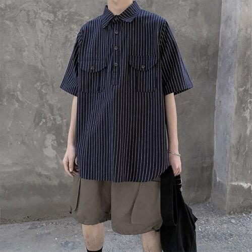 Summer Tide Brand Striped Tooling Short-sleeved T-shirt Male Loose Harajuku Couple Trend Five-point Sleeve Casual Tops Mens