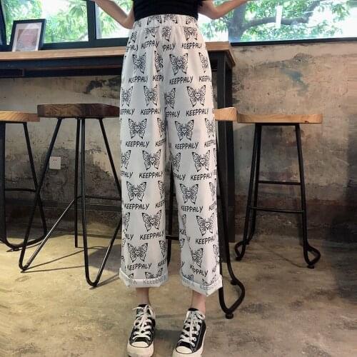Cute Graphic Butterfly Print Loose Straight White Pant Ankle Length Pants Korean Women Harajuku Boho Trouser High Waist Trousers