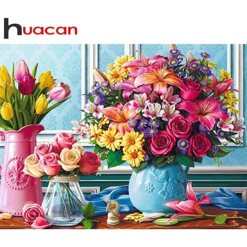 Huacan Full Drill Diamond Mosaic Vase 5D Diamond Painting Flower Cross Embroidery Kit Picture Of Rhinestones Home Decor