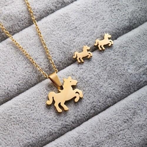 Kinder Sieraden Meisje Horse Cute Neckalce Earrings Set Stainless Steel Women Kids Girls De Joyas Joyeria Acero Inoxidable Mujer
