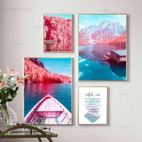 Red Maple Forest Mountain Lake Landscape Wall Art Canvas Painting Nordic Posters and Prints Wall Pictures for Living Room Decor