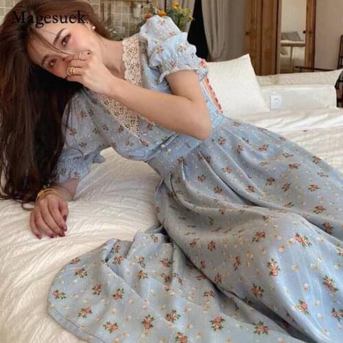 New Floral Summer Dress Lace Chiffon Casual Vintage Puff Sleeve Party Dress Women Printing V Neck Long Dress Vestidos 13574
