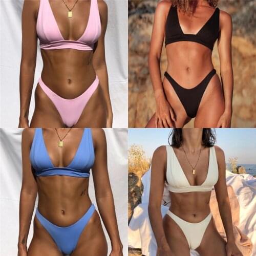 New European and American Sexy Conservative Solid Color Bikini Split Bikini Women Swimwear Swimming Suit for Women High Waist