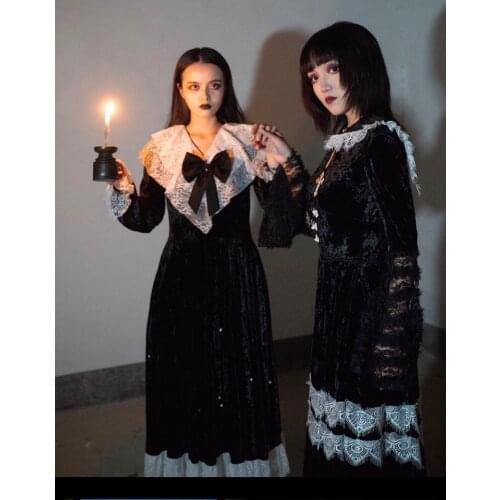 Original Design Velvet Heavy Multi-Layer Lace Pearl Beaded Long Sleeve Dress Autumn Winter Ruffled Neck Long Black Velour Dress