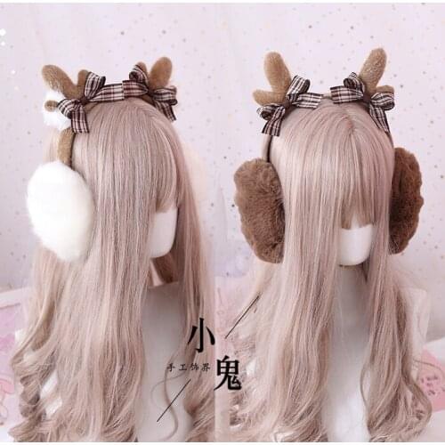 Japanese-style Plaid Bow Earmuff Autumn And Winter Womens Cute Antlers Christmas Nursing Ear Earmuff Autumn & Winter