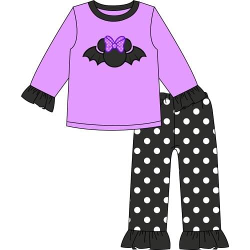 Autumn Girl Suit Pure Cotton Bat Embroidery Purple Long Sleeves And Black Polka Dot Lace Trousers Girl Suit