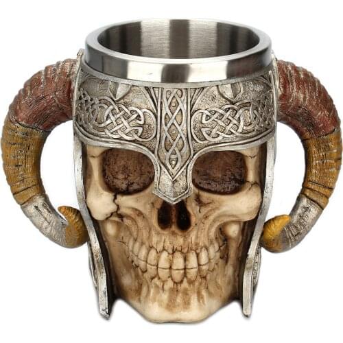 450ml/550ML Resin Skull Beer Mug Stainless Steel Viking Tea Mugs Bar Decoration Halloween Party Cups Shofar Mug Christmas Gifts