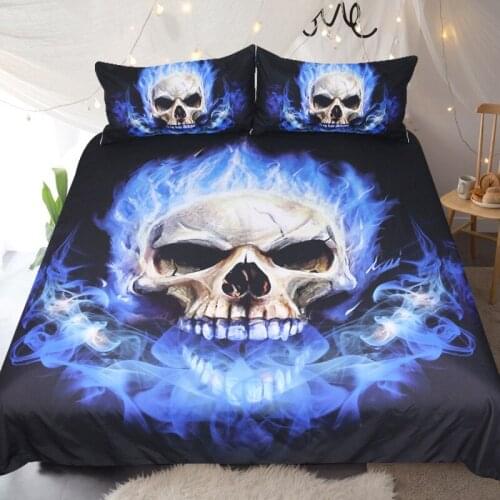 Blue Flame Skeleton Pattern Quilt Cover with 2 Pillowcase Fashion Bedding 3 Piece Set 3D Printing Available Size Bed Duvet Cover