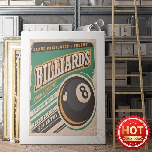 Billiards Tournament Advertisement Art Poster, Club Billiard Hall Vintage Decor Prints, Fans Collection Commemorate Decor Mural