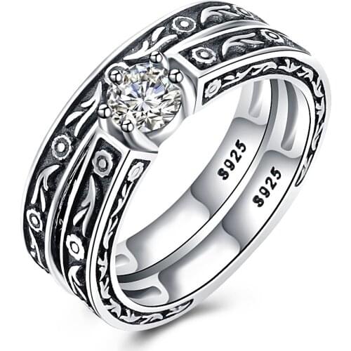 Retro Trend 925 Sterling Silver Ring Women Round CZ Ancient Carved Pattern S925 Double Rings for Lady Party Fine Jewelry Vintage