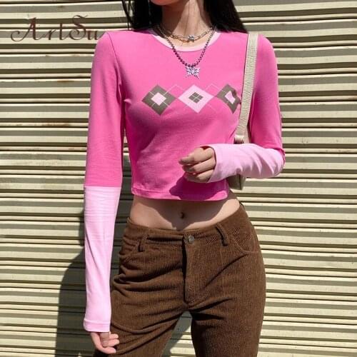 Artsu Argyle Pink Sweat Crop Top T Shirt Women Casual Cotton Long Sleeve T-shirt Ladies Patchwork Fashion Tee Shirt 42084