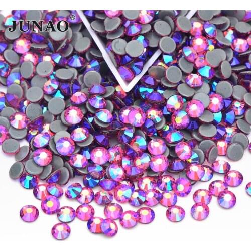 JUNAO SS6 8 10 12 16 20 30 Shiny Rose AB Hotfix Glass Rhinestone Iron On Round Crystal Stones Hot Fix Strass Beads for Fabric