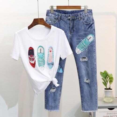 European Spring Garment 2019 New Nail-pearl Sequined Short-sleeved T-shirt + Hole Seven-cent Jeans Suit Tide RE2474
