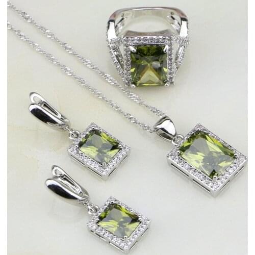 925 Sterling Silver Jewelry Olive Green Cubic Zirconia White CZ Jewelry Sets For Women Wedding Earrings/Pendant/Necklace/Ring