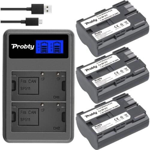 Probty 7.4V 2500mAh BP-511 BP511 BP511A Battery + LCD USB Dual Charger for Canon EOS 40D 300D 5D 20D 30D 50D