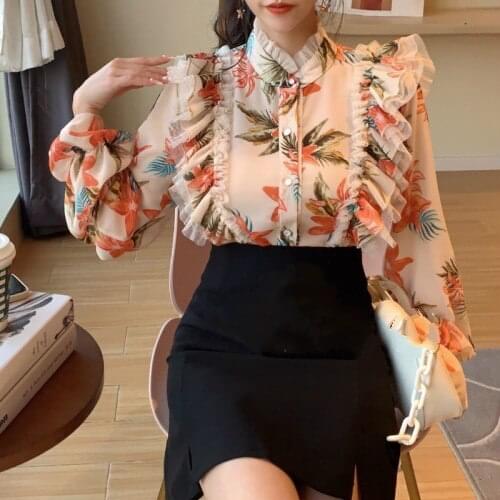 Womens Stand Collar Bell Sleeve Floral Chiffon Shirt Sweet Lotus Leaf Mesh Stitching Printing Blouse Lady All-Match Blusas Top