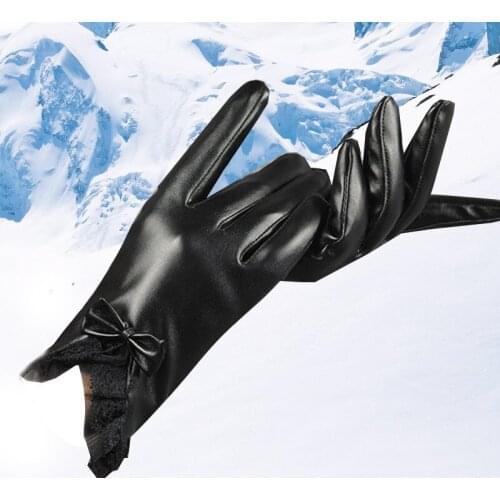 Cycling Outdoors Plus Velvet Warm GlovesTouch Screen Leather Gloves Women Autumn Winter Fashion Lovely Lace Bowknot Design