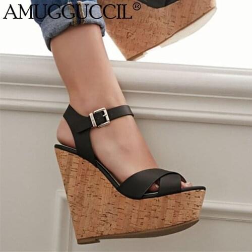 2020 New Plus Big Size 35-48 Black Buckle Fashion Sexy 14CM High Heel Platform Female Ladies Summer Women Wedge Sandals L1025