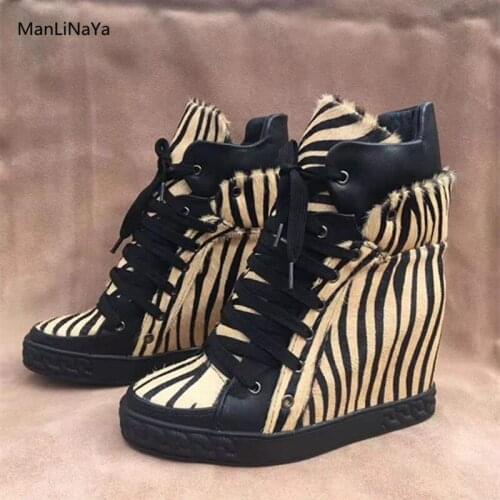 Stripe Horse Hair Lace up Women Boot Brand Design Thick Heel Platform Ladies Boots Increasing Height Leather Winter Female Boots