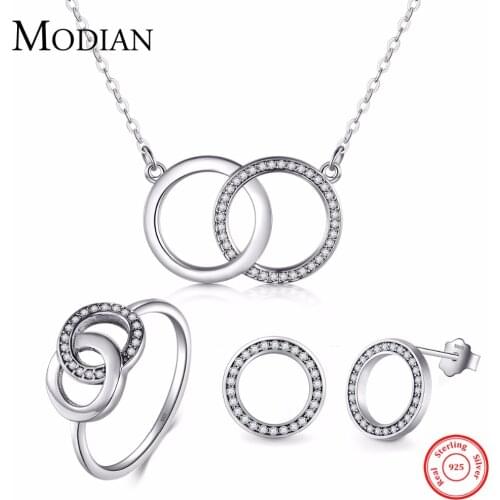 Modian Genuine 925 Sterling Silver Simple Round Sets Vintage Fashion Ring Classic pendant Necklace For Women Wedding Jewelry