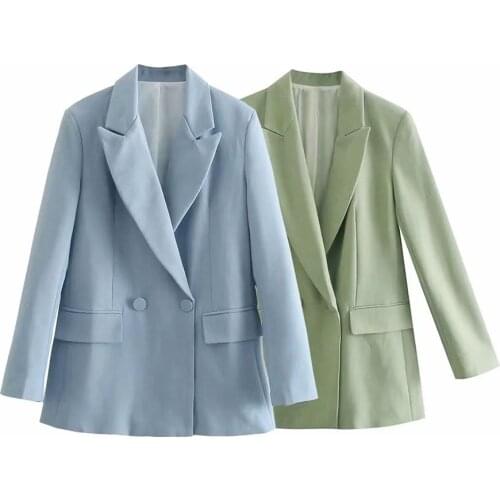 Women Solid green Turn-down Collar slim Double Breasted Coat Female long sleeve Office Lady Blazers Ladies Streetwear Coat