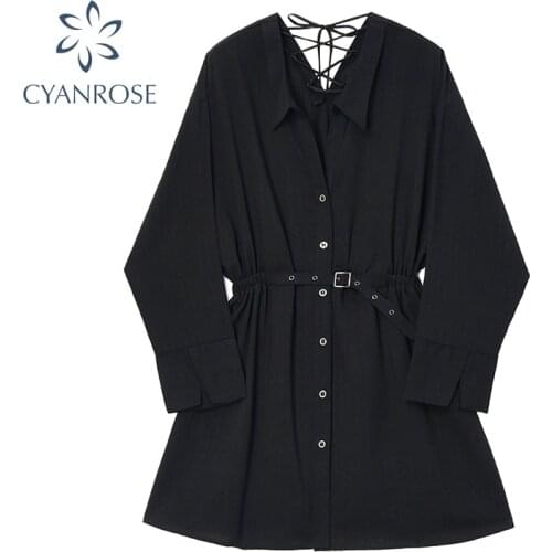 Hepburn Styel Dress For Women Long Sleeve Autumn Vintage V-Neck Bandage Slim-Waist Design Black Gothic Shirt Dress Female