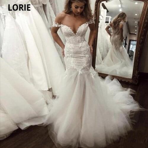 LORIE Mermaid Wedding Dress for Women Off the Shoulder Soft Tulle with Lace Appliqued Bridal Gown with Train Sexy Open Back