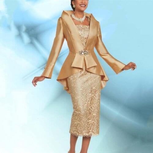 Plus Size Gold Mother Of The Bride Dresses With Jacket Elegant Tea Length Long Sleeve Wedding Guest Dress Formal Evening Gowns