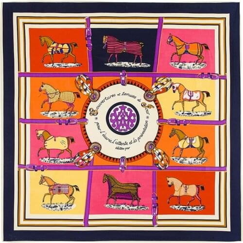 100cm Square Scarf Luxury Brand Handkerchief Women Twill 100% Silk Scarf 2021 Horse kerchief Scarf Fashion Neckerchief Bandana