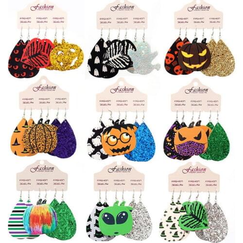 3 Pairs/Set Vegan Leather Mischievous Ghost Pumpkin Halloween Earrings for Girls Skeleton Heart Candies Trick or Treat Earrings