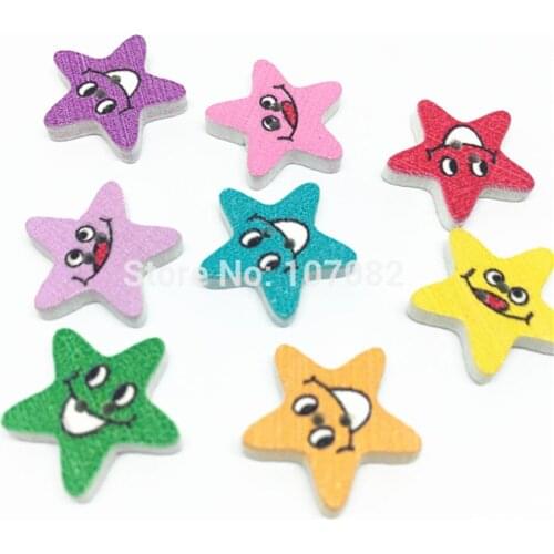 50pcs Mixed 16mm Star Shaped Wood Smiles Buttons Baby Fancy Sewing Accessories Button For Scrapbooking Embellishments