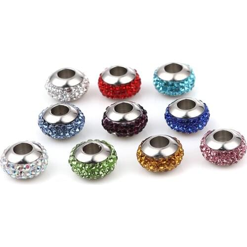 Hot Stainless Steel Beads For Necklace Earrings DIY Round Silver Color Colorful Rhinestone Beads 10mm Dia., 1 Piece