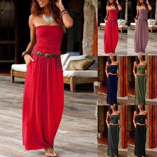 Women Sexy Bandeau Off Shoulder Long Dress Lady Summer Beach Holiday Solid Maxi Dress Simple Slim Fit Party Club Dress Vogue