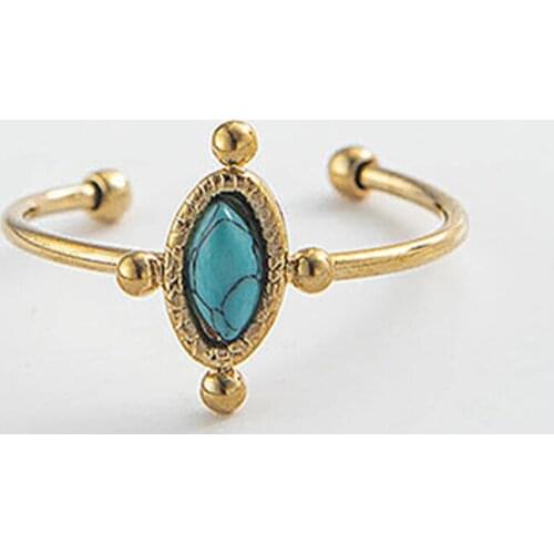 Natural stone turquoise vintage rings for women titanium stainless steel waterdrop oval open gold ring adjustable trendy jewelry