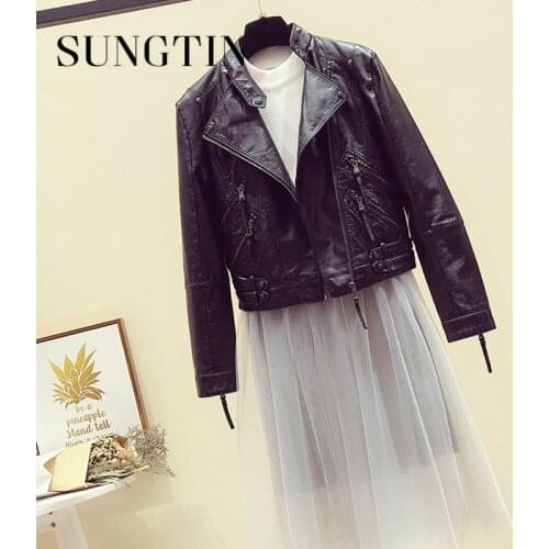 Sungtin Women Slim Soft PU Leather Jackets Design Motorcycle Faux Leather Jackets Female Casual Fashion Leather Coat Streetwear