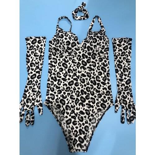 Leopard Bodysuit Gloves Outfit Women Team Sexy DJ Pole Dancing Costume Nightclub Bar Party Show Rave Performance Stage Wear