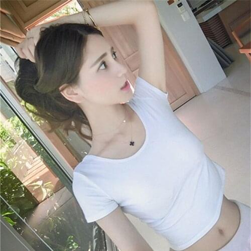 Summer Sexy Crop Tops Women Short Sleeves Tees Elegant Plain Basic Blouses Casual Round Neck Tee Blouse Femme