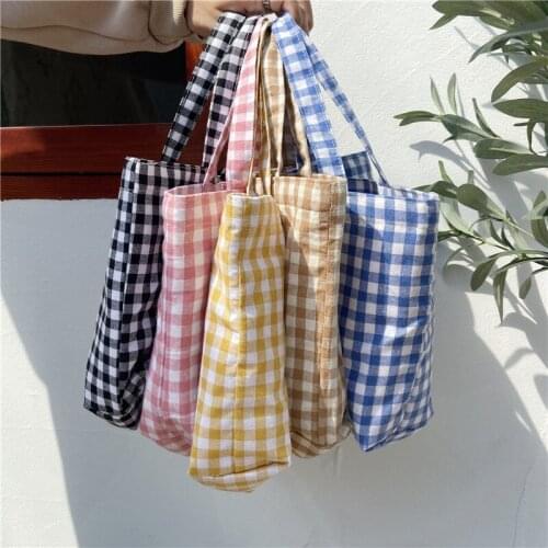 Literary and Fresh Portable Lunch Bag Japanese Plaid Cotton and Linen Portable Small Bag Walking Bend All-match Bag