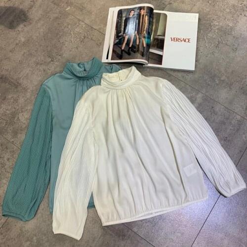 Fashion ladies 2021 new long sleeve sexy casual solid color pleated silk shirt 1102