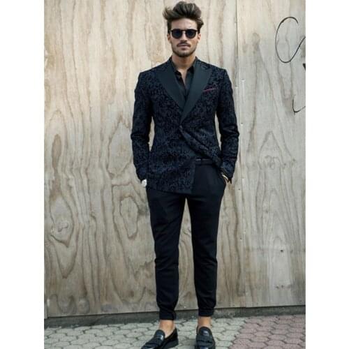 2021 Summer Black Men Suits 2 Pieces Long Pant Fashion Casual Suit Jacquard Weave Blazer Party Wedding Suit (Coat+Pant )