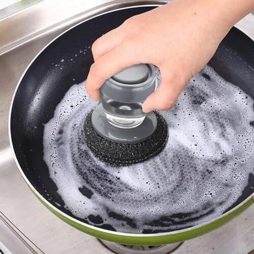 Steel Dish Scrubber Soap Dispensing Steel Brush Storage Set Scouring Pad Pot Scrubber Metal Sponge House Kitchen Cleaning Brush