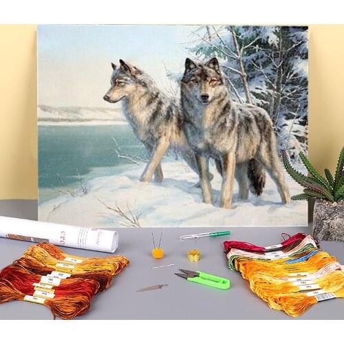 Wolf Animal Printed Water-Soluble Canvas 11CT Cross Stitch Kit Embroidery DMC Threads Needlework Handmade Knitting Needle